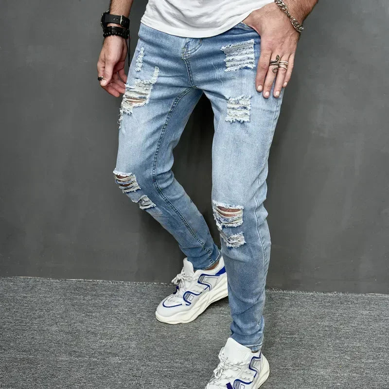 2024 New Style Men's Personalized Ripped Solid Color Skinny Jeans Stretch Little Foot Streetwear Motorcycle Denim Trousers Male