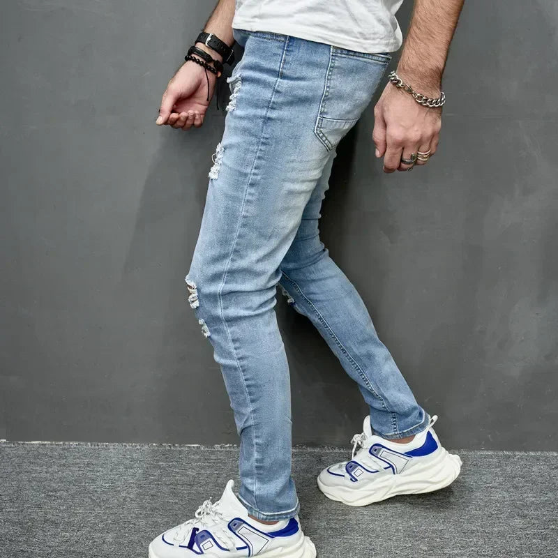2024 New Style Men's Personalized Ripped Solid Color Skinny Jeans Stretch Little Foot Streetwear Motorcycle Denim Trousers Male
