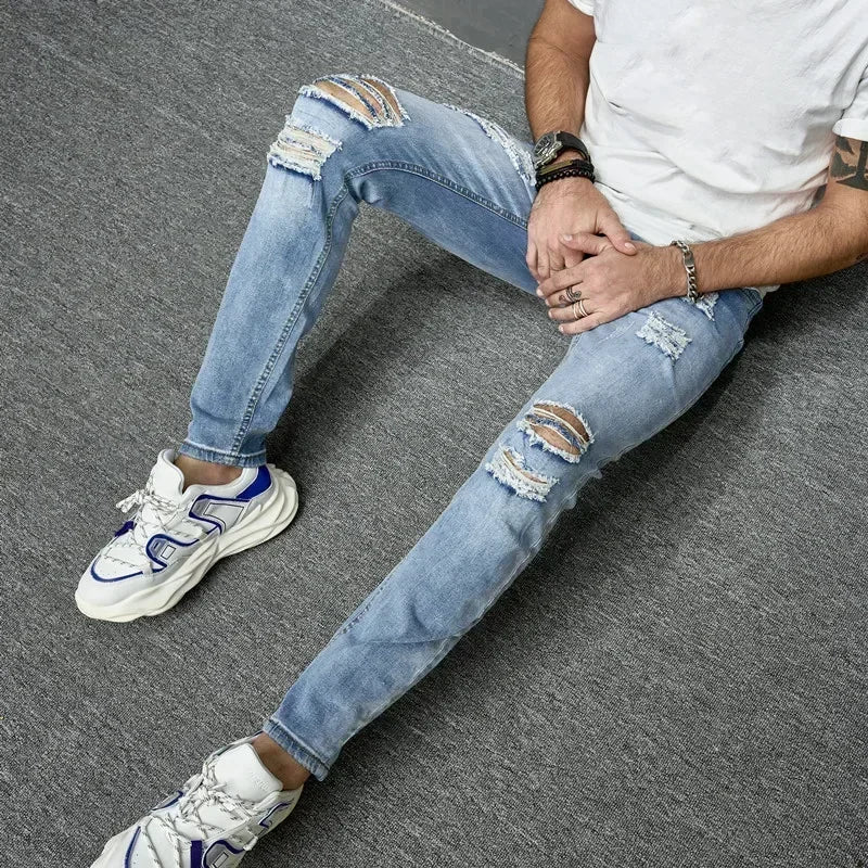 2024 New Style Men's Personalized Ripped Solid Color Skinny Jeans Stretch Little Foot Streetwear Motorcycle Denim Trousers Male