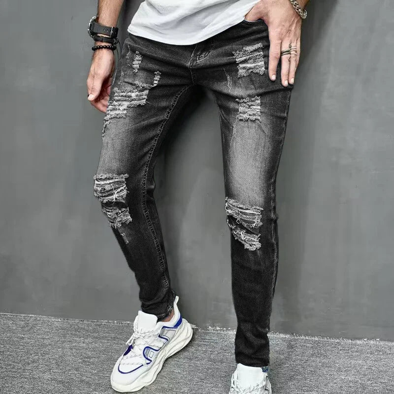 2024 New Style Men's Personalized Ripped Solid Color Skinny Jeans Stretch Little Foot Streetwear Motorcycle Denim Trousers Male