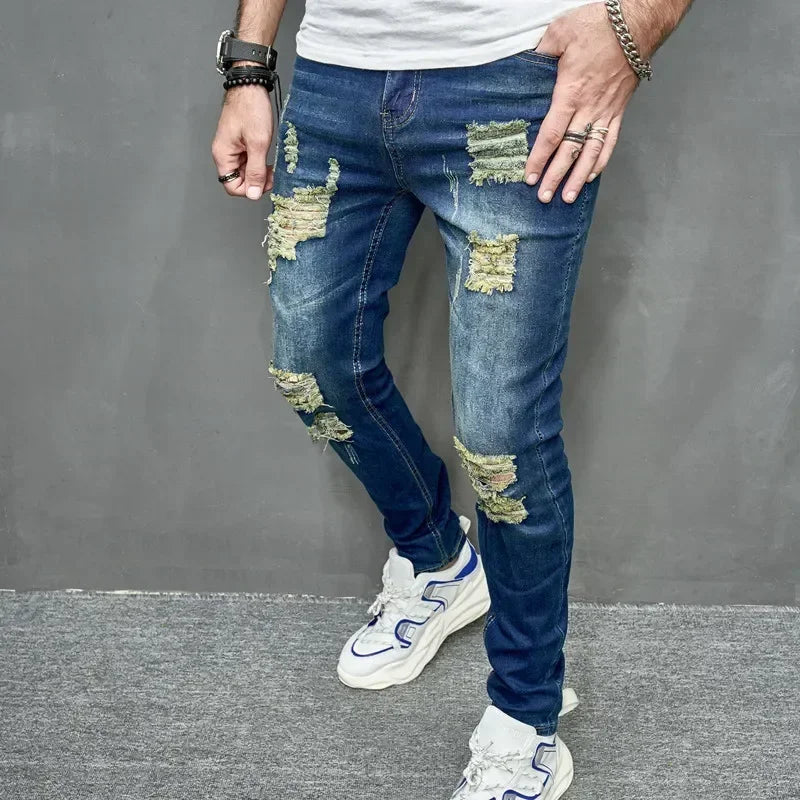 2024 New Style Men's Personalized Ripped Solid Color Skinny Jeans Stretch Little Foot Streetwear Motorcycle Denim Trousers Male