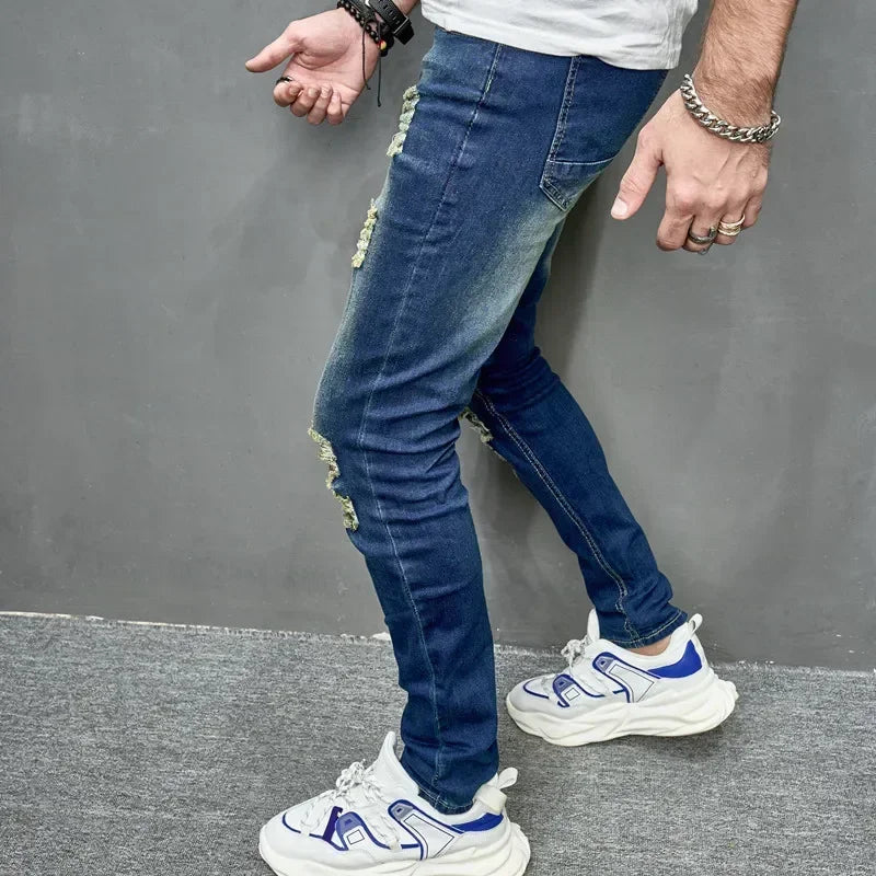 2024 New Style Men's Personalized Ripped Solid Color Skinny Jeans Stretch Little Foot Streetwear Motorcycle Denim Trousers Male