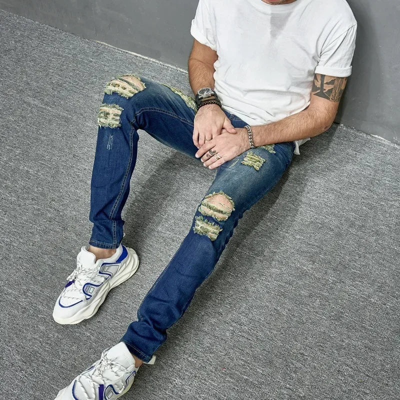 2024 New Style Men's Personalized Ripped Solid Color Skinny Jeans Stretch Little Foot Streetwear Motorcycle Denim Trousers Male