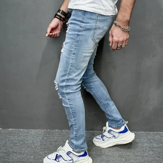 2024 New Style Men's Personalized Ripped Solid Color Skinny Jeans Stretch Little Foot Streetwear Motorcycle Denim Trousers Male